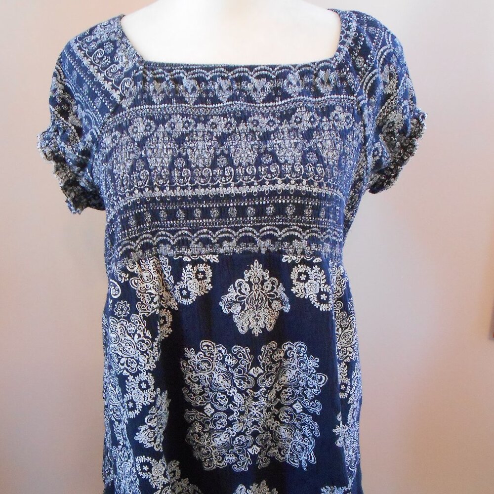 Roz & Ali Womens Navy Blue Short Sleeve Elastic Bodice Square Neck Boho Blouse-L